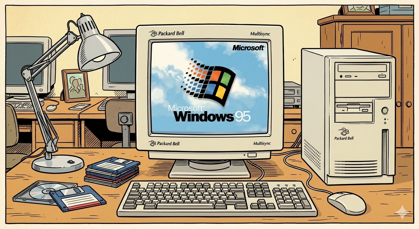 Windows 95 boot screen. Les nuages. Le logo. Bienvenue...