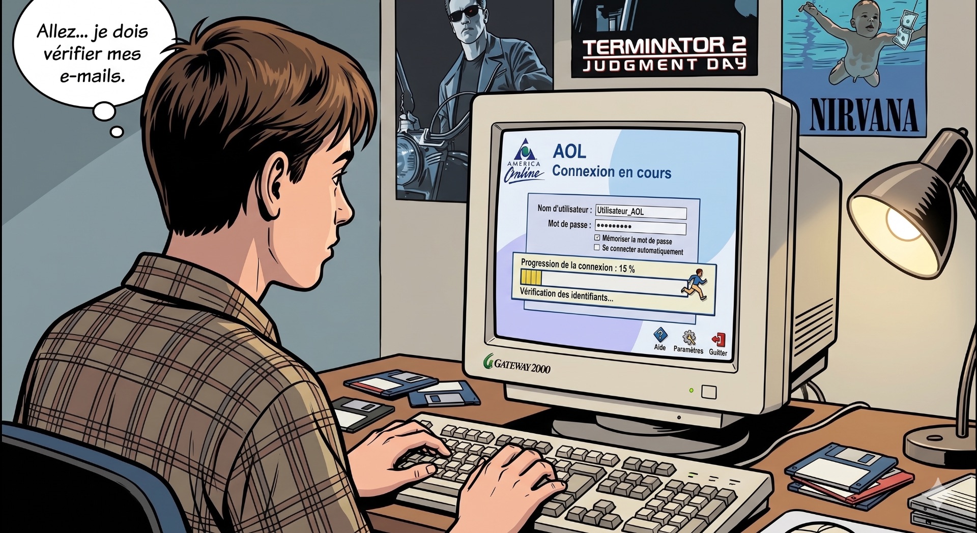 Le lancement de la connexion AOL, premier face-à-face avec l'écran d'initialisation sous le regard impassible du Terminator.