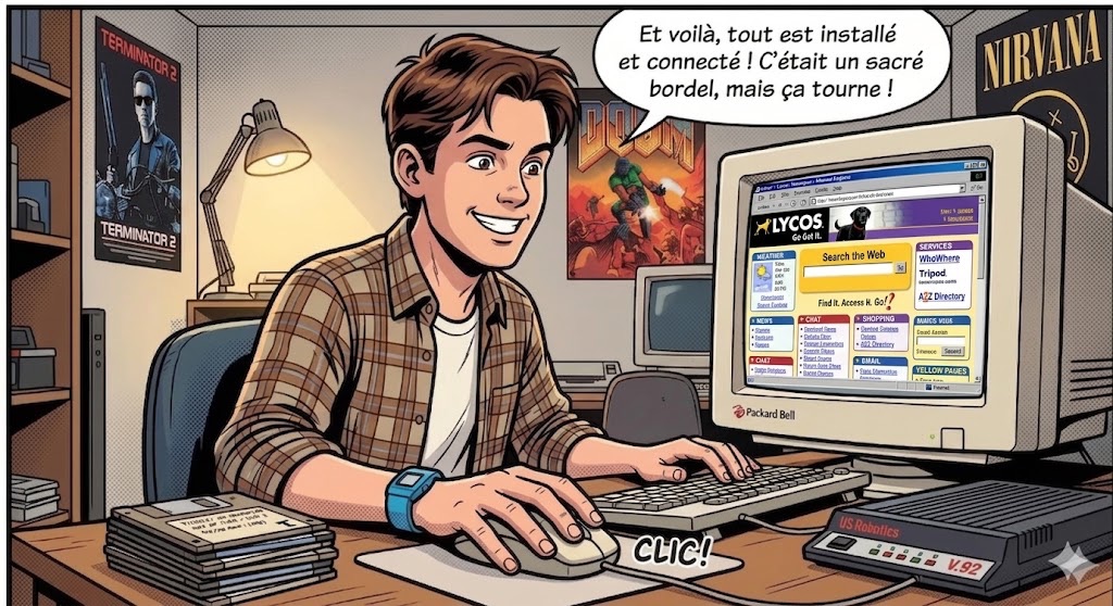Le grand soulagement du clic final et le sourire aux lèvres quand le portail Lycos s'affichait enfin sur le vieux moniteur cathodique.