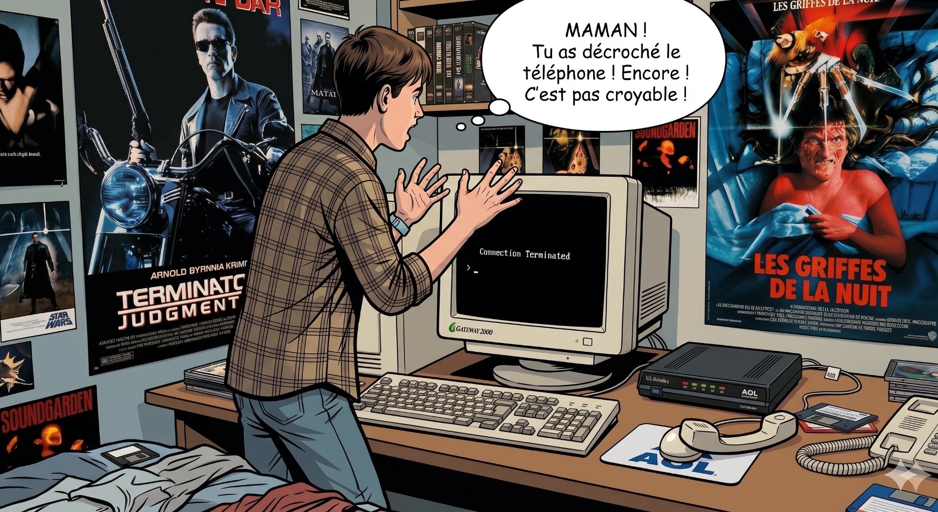 Le drame absolu et instantané lorsque le téléphone familial se décroche, coupant net la connexion et réduisant à néant des heures d'attente.