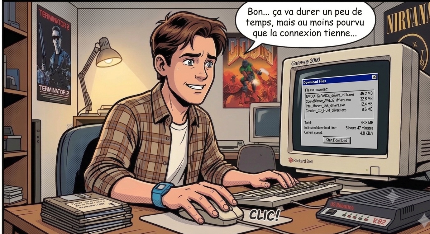 Le lancement plein d'espoir d'un téléchargement de pilotes estimé à plus de 5 heures, en croisant les doigts pour que la ligne tienne le coup.
