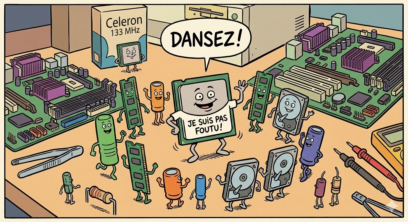 C'est la fête sur l'établi quand la RAM capricieuse et le Celeron ressuscité crient Je suis pas foutu ! après des heures de diagnostic à l'aveugle.
