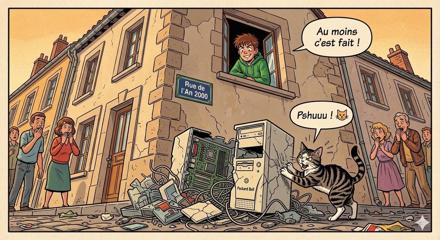 Parfois, ce n'était pas des OVNIs, mais juste un Packard Bell crashé au sol qui laissait les voisins sans voix et le chat philosophe.