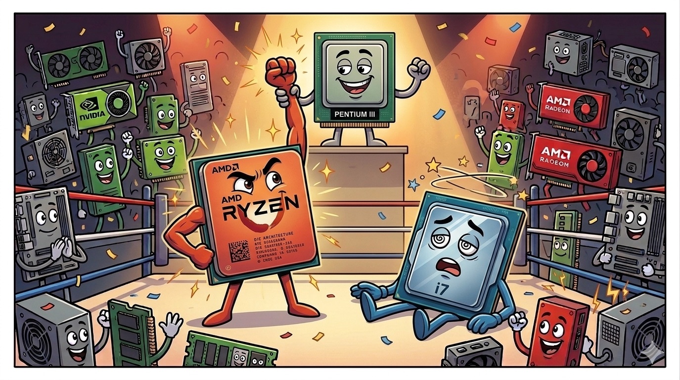 2020 : AMD gagne. Pour la première fois en 20 ans, Intel perd la couronne. Et le Pentium III lève le bras.