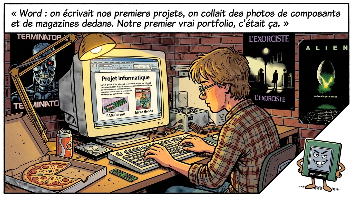 Word : nos premiers projets, avec photos de composants et de magazines collées dedans.