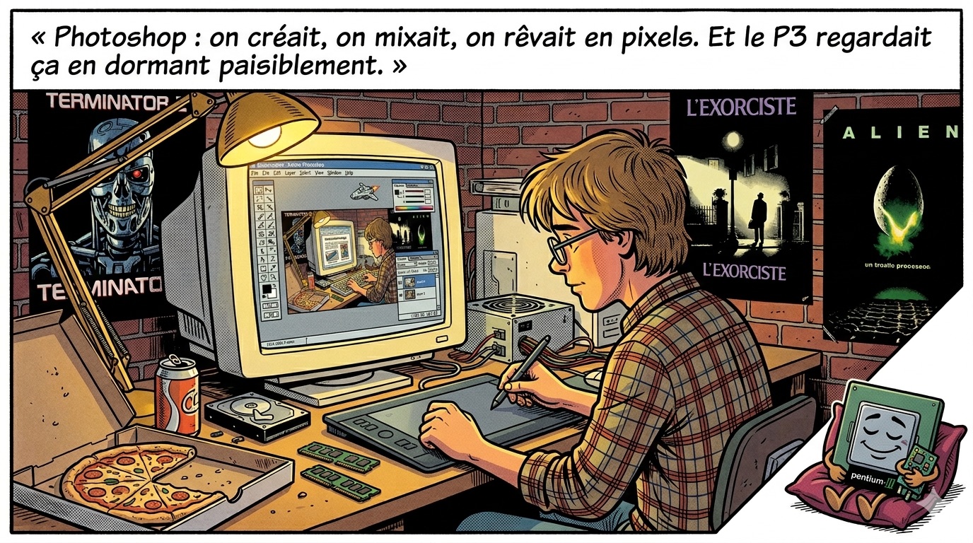 Photoshop : on retouchait, on créait, et le P3 piquait un somme à côté de la lampe.