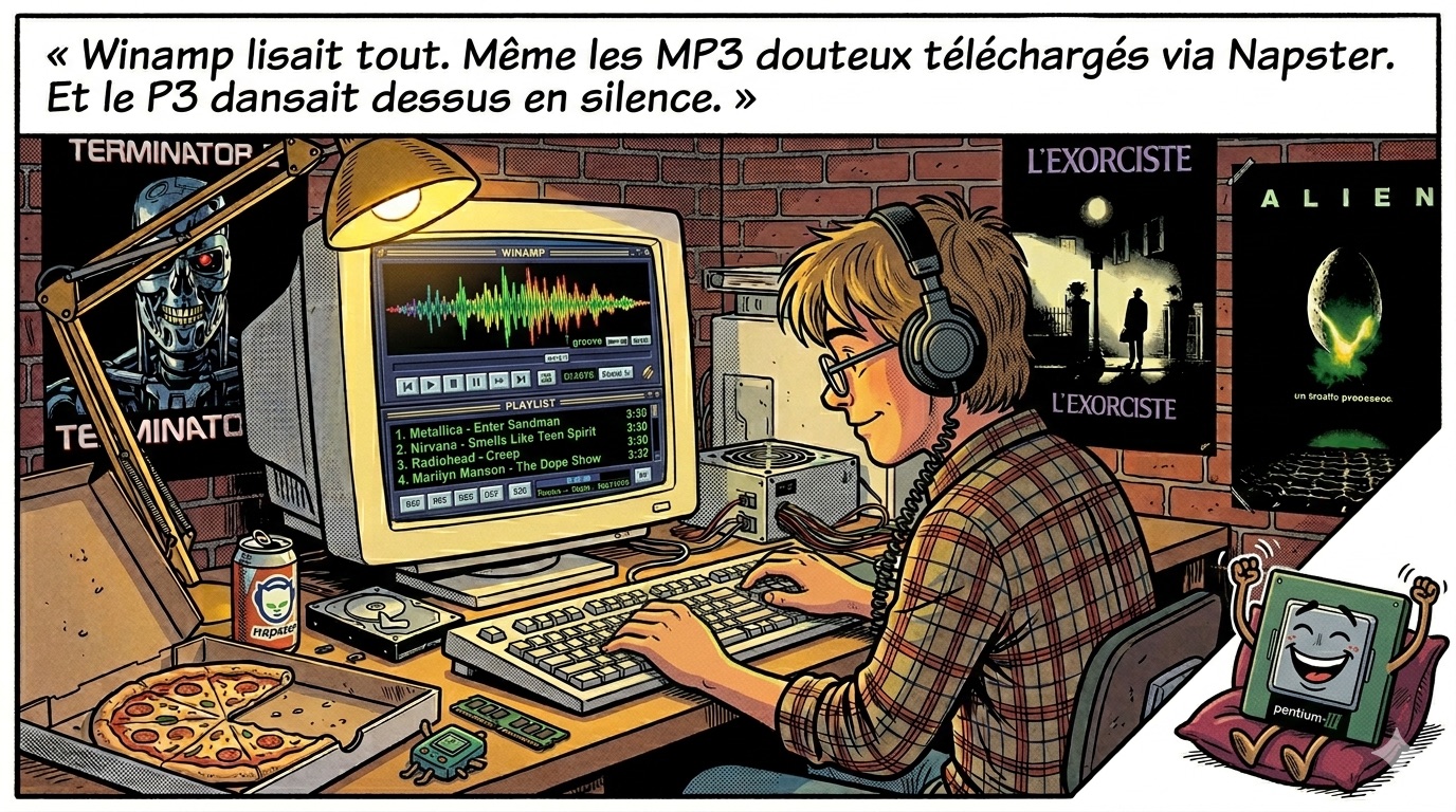 Winamp : il lisait tout, même les MP3 douteux de Napster. Et le P3 dansait dessus.